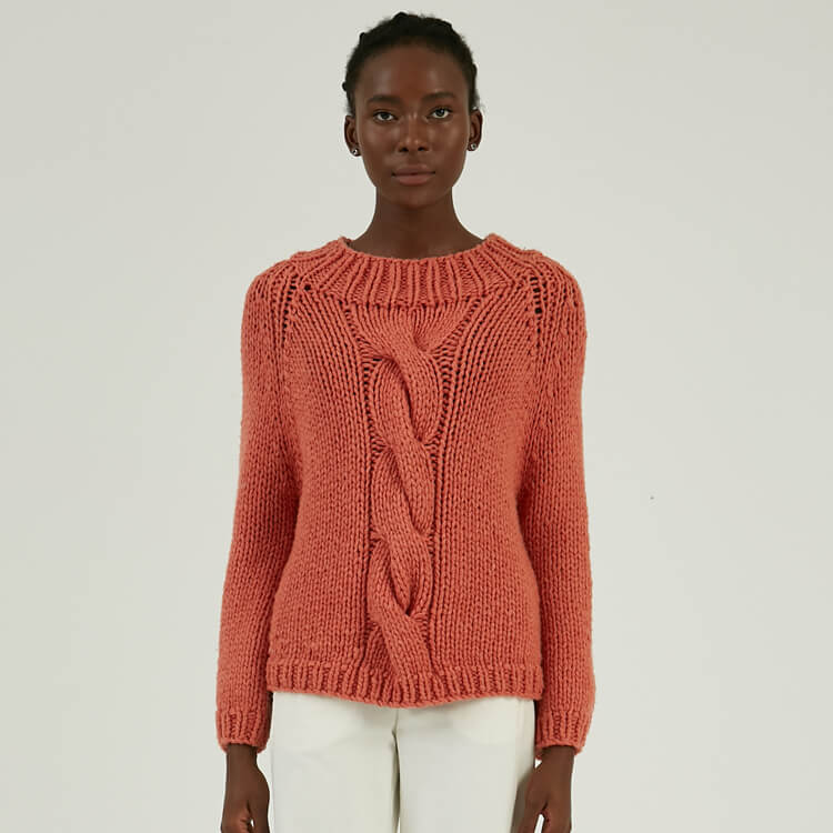 Suéter de punto de cable grueso de calibre grueso para mujer rojo de mezcla de lana de invierno personalizado