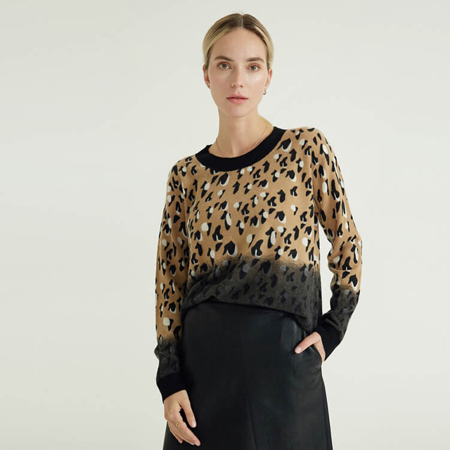 Suéteres de punto de Cachemira de punto con cuello redondo puro informal para mujer con estampado de leopardo