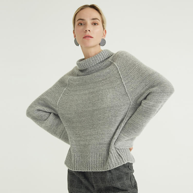 Suéteres de lana de mujer gris 2022 de punto de cuello alto de moda simple