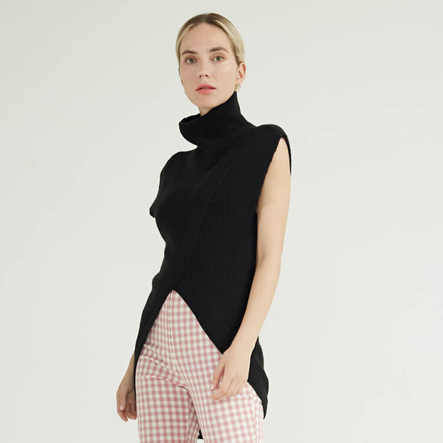 Jersey de cachemira de punto de color sólido sin mangas negro para mujer