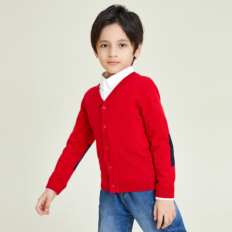 Cárdigan de punto rojo con cuello en V de manga larga de estilo clásico para niños